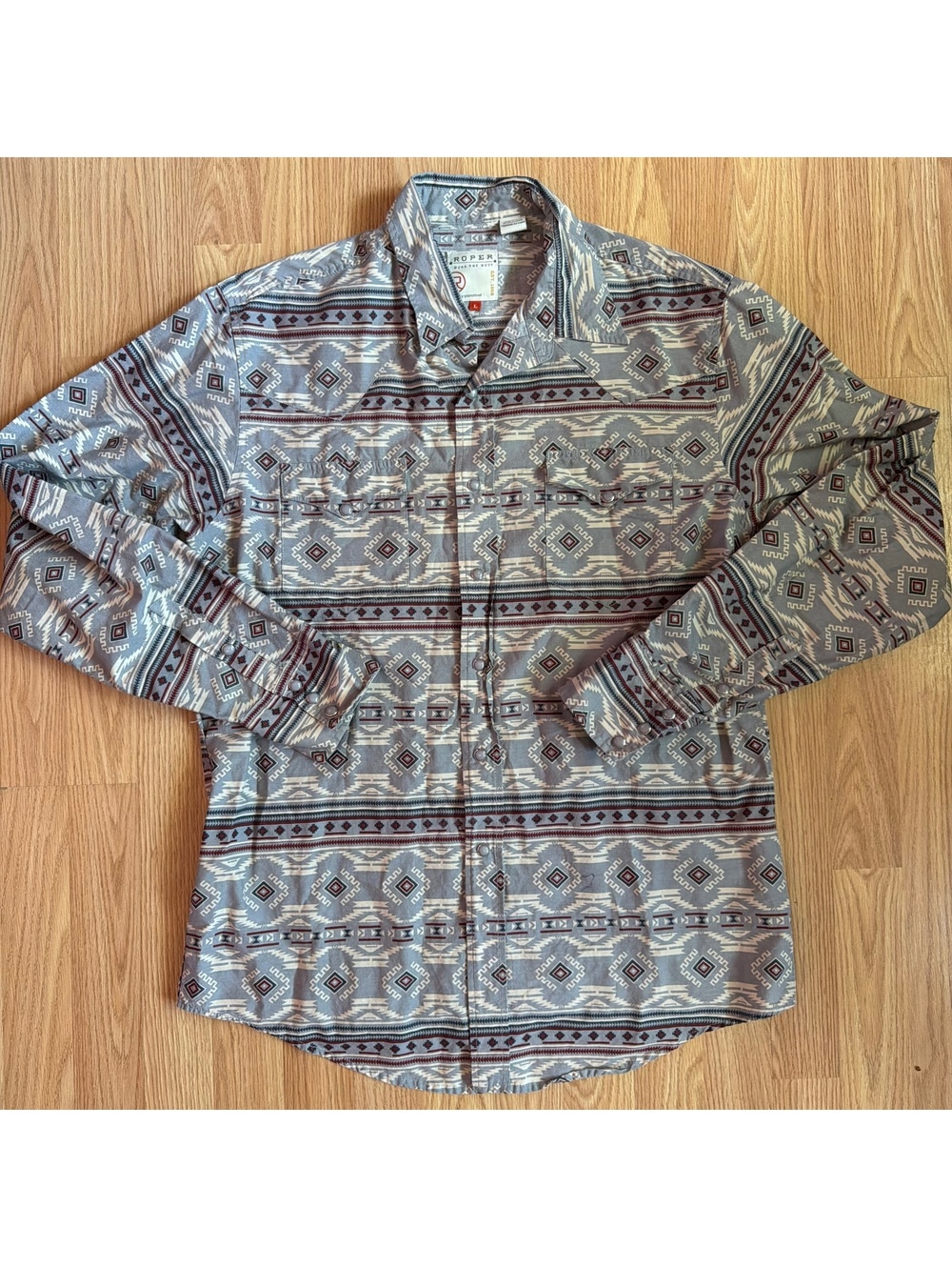 Roper Grey Aztec Print Western Pearl Snap Size Large